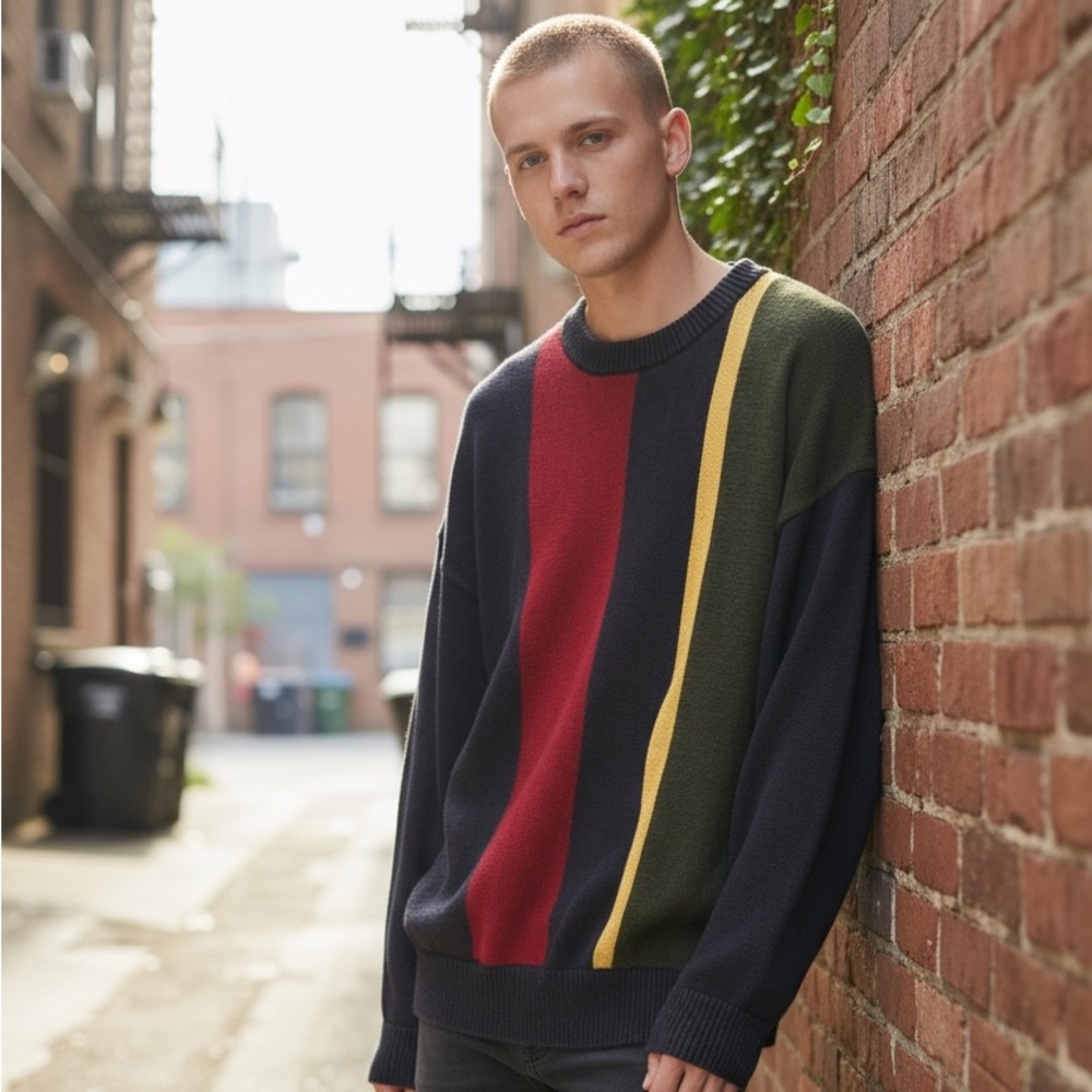 Vintage 90s Stone Haven Men’s XL‎ Hemp Cotton Block Stripe Crewneck Sweater